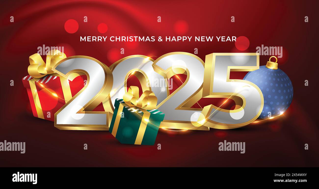 Merry christmas and happy new year 2025 concept background with golden number and christmas elements Stock Vector