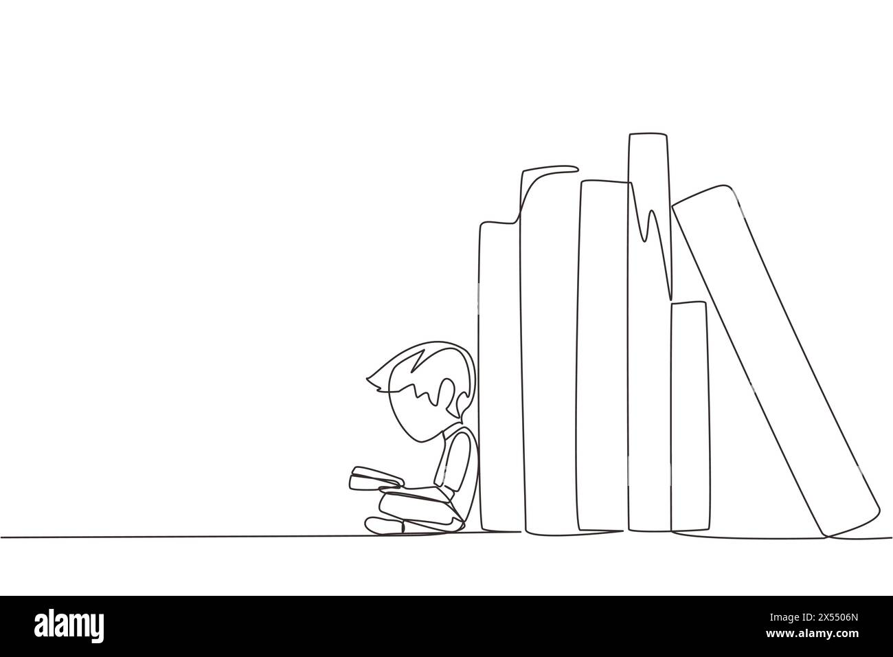 Single one line drawing happy boy reading sitting leaning against a ...