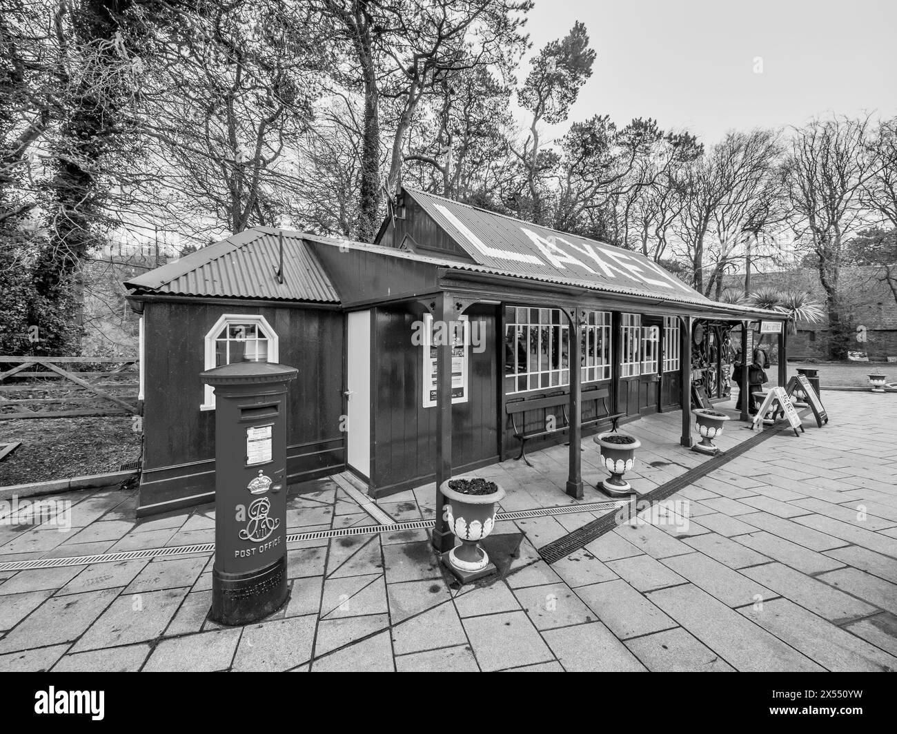 General street scene at Laxey tram and Snaefell mountain railway station and ticket office Stock Photo