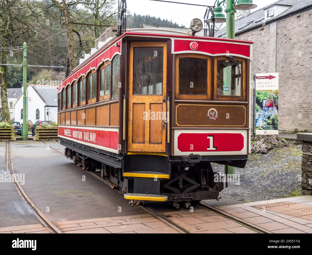 General street scene at Laxey tram and Snaefell mountain railway station and ticket office Stock Photo