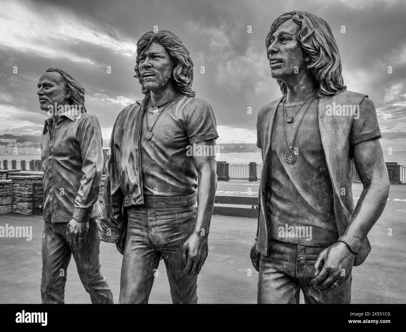 The image is of the music trio the Bee Gees who were born on the Isle ...