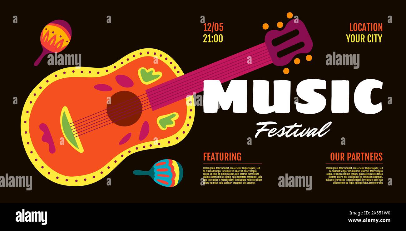 Music festival show horizontal banner. Invitation flyer design template. Acoustic guitar and maracas on black background. Live folk musical party cover. Country fest event print. Eps Stock Vector