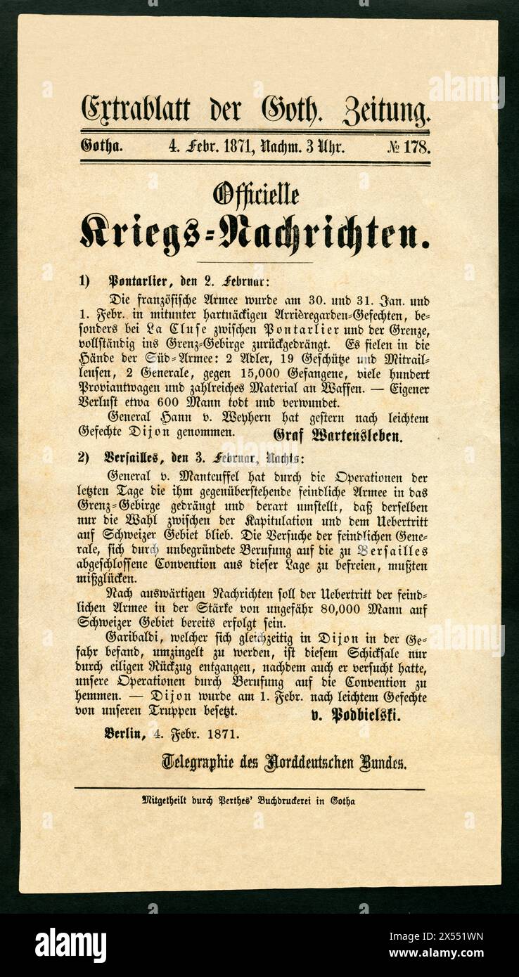 geography / travel, France, Germany, Franco-Prussion War, information sheet of the Gothaischen newspaper, ARTIST'S COPYRIGHT HAS NOT TO BE CLEARED Stock Photo