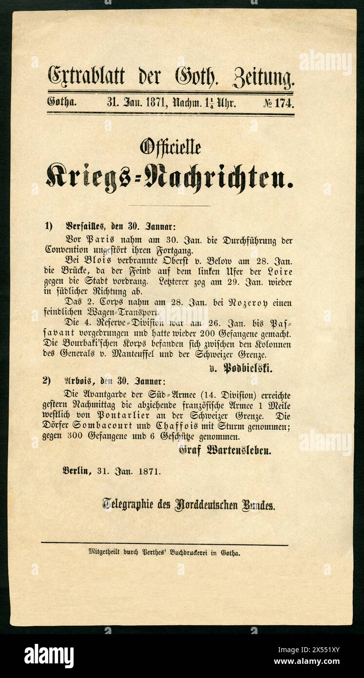 geography / travel, France, Germany, Franco-Prussion War, information sheet of the Gothaischen newspaper, ARTIST'S COPYRIGHT HAS NOT TO BE CLEARED Stock Photo