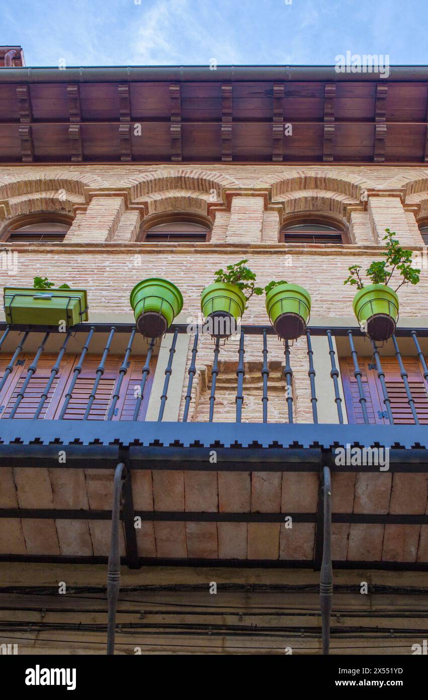 Balcony at Historic Quarter of Puente La Reina, Navarre, Spain. Way of St. James pilgrimage route Stock Photo