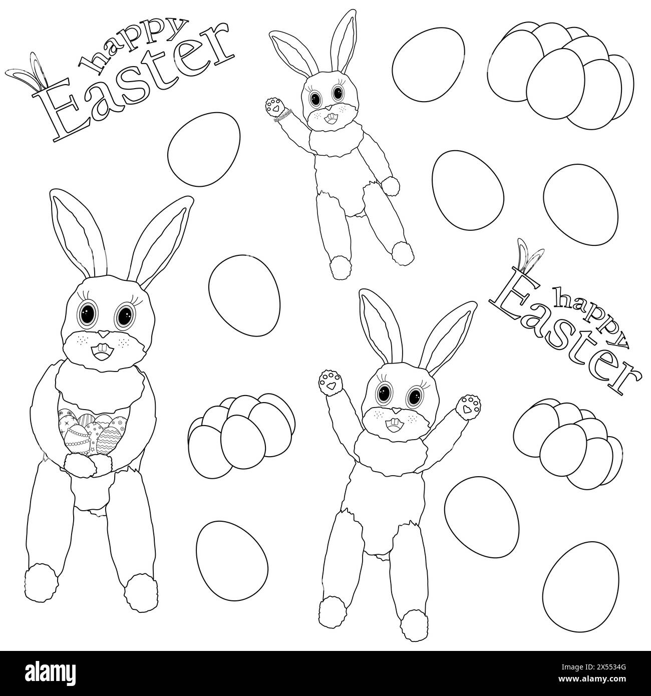 Hare with decorated eggs in his paws, Easter eggs. Happy Easter inscription. Cute Easter Coloring Pages for Kids. Vector contour drawing Stock Vector