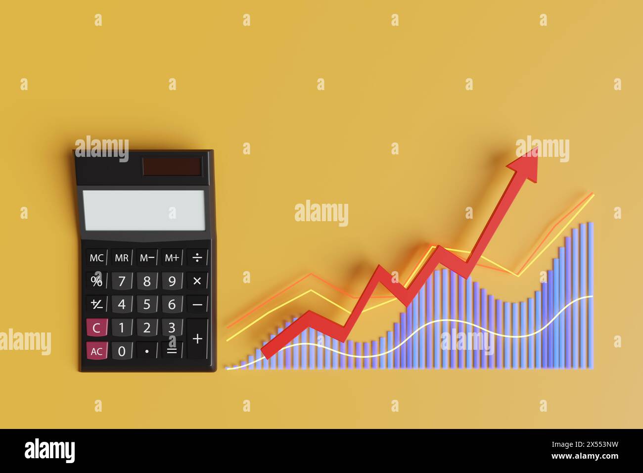 Black calculator, bar chart, line graph and forecasting trend lines on ...