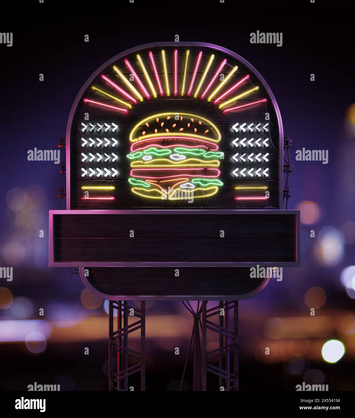 X Rooftop Sign Rooftop sign with neon burger and plate for text Stock Photo - Alamy