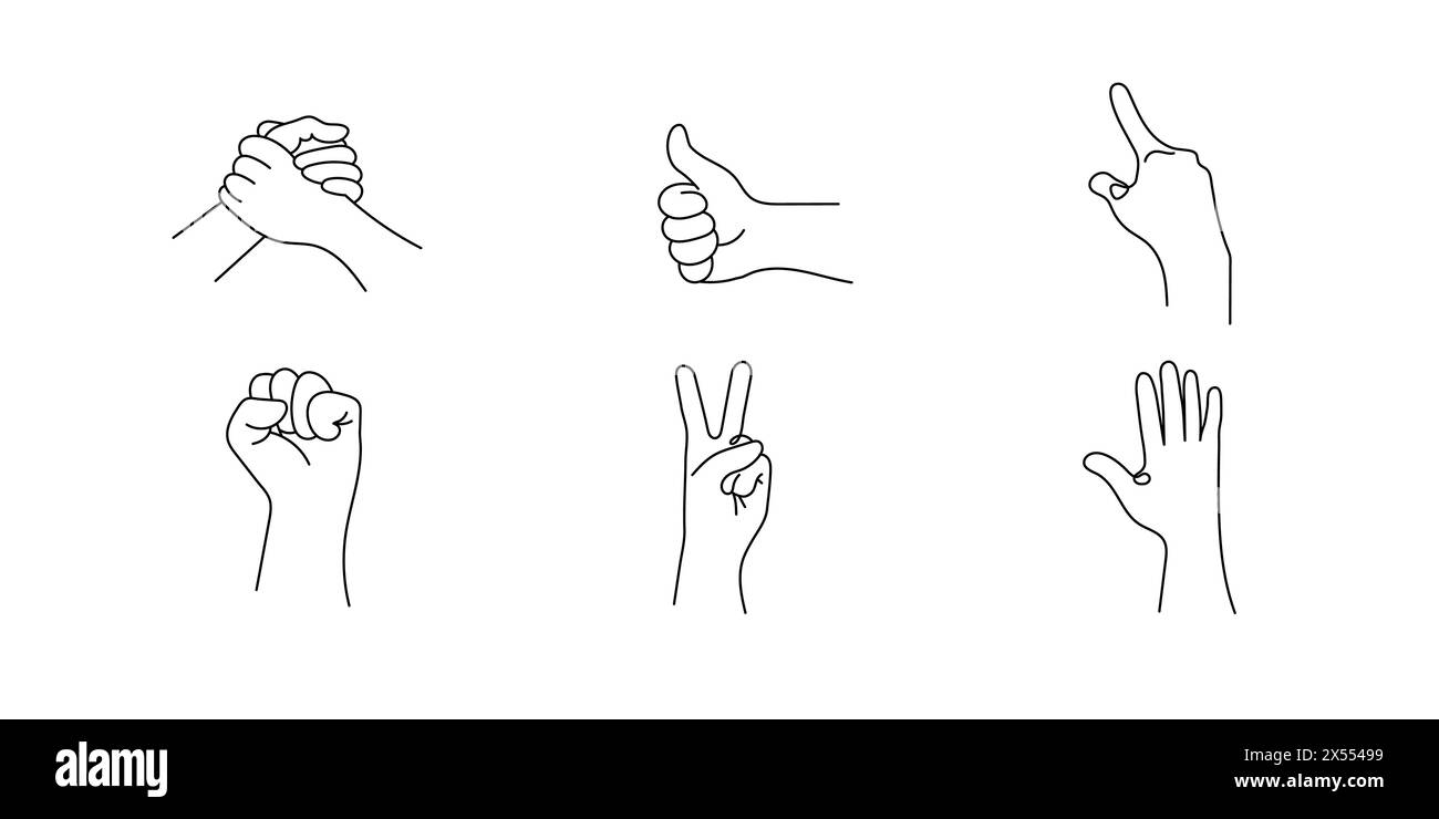 Set of realistic one line gestures. Graphic logo design with black line strokes on a white background. Vector graphic. Hand gestures Stock Vector