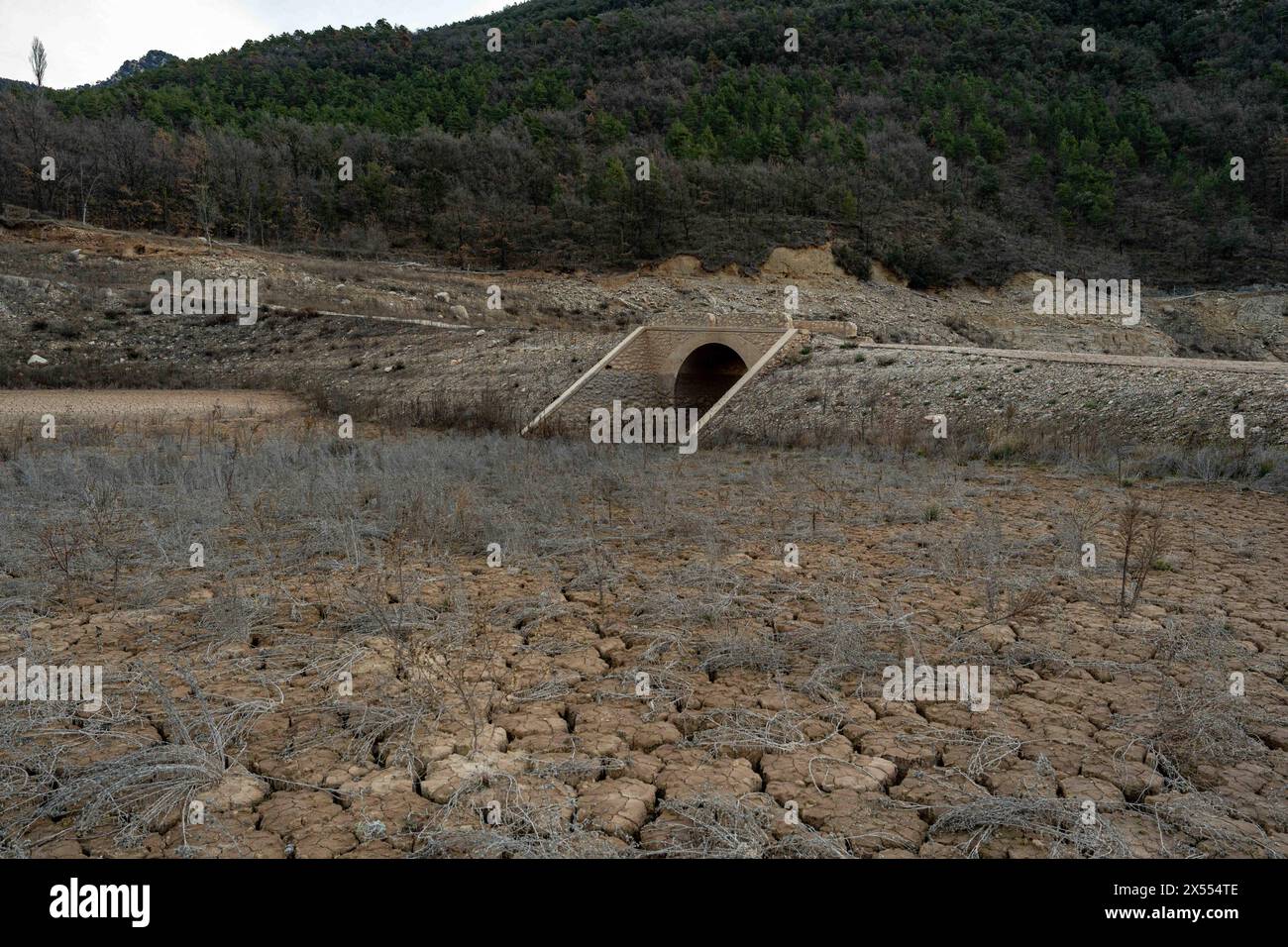 february, 01 2024 Cercs, Spain Drought  Barcelona-Baells Reservoir Drought,Llobregat river  Photo Eric Renom/LaPresse  The Baells reservoir, which is nourished by the Llobregat River, is under minimum levels the day Catalonia declares a state of emergency due to drought in the metropolitan area of Barcelona, limiting the use of water or showers in gyms. The Llobregat River, the river that feeds this reservoir, is the most industrialized river in Catalonia, as it supplies the entire industrial area around Barcelona and is therefore vital for the operation of the Catalan industry, from the car b Stock Photo