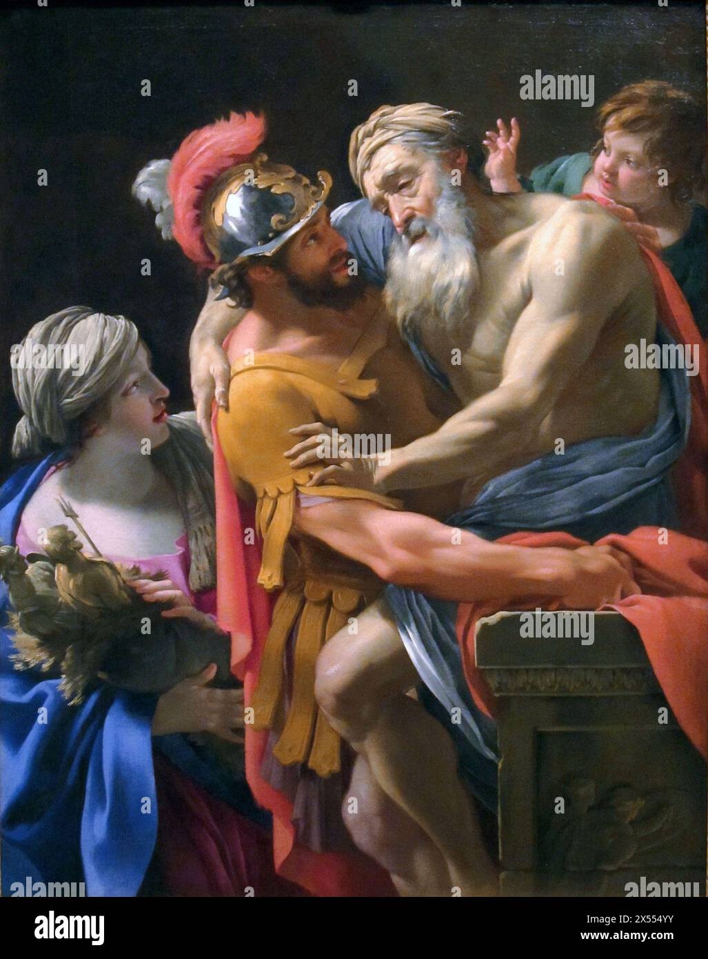 Aeneas and his Father Fleeing Troy, oil on canvas painting Simon Vouet Stock Photo