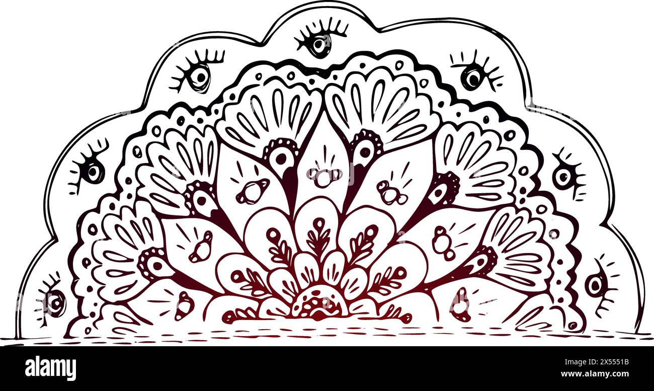 Black and white circle flower ornament, ornamental round lace design. Floral mandala. Hand drawn ink pattern made by trace from personal sketch. Stock Vector