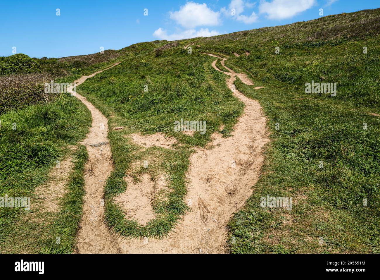 The eroded worn footpaths leading down the side of Pentire Point West in Newquay in Cornwall in the UK. Stock Photo