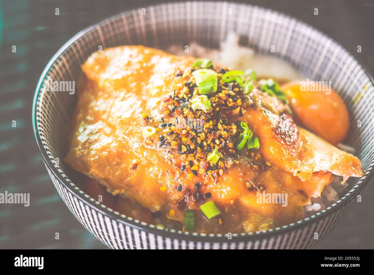 Aburi Grilled Salmon Rice Bowl Spicy Miso Sauce with onsen half boiled egg Stock Photo Alamy