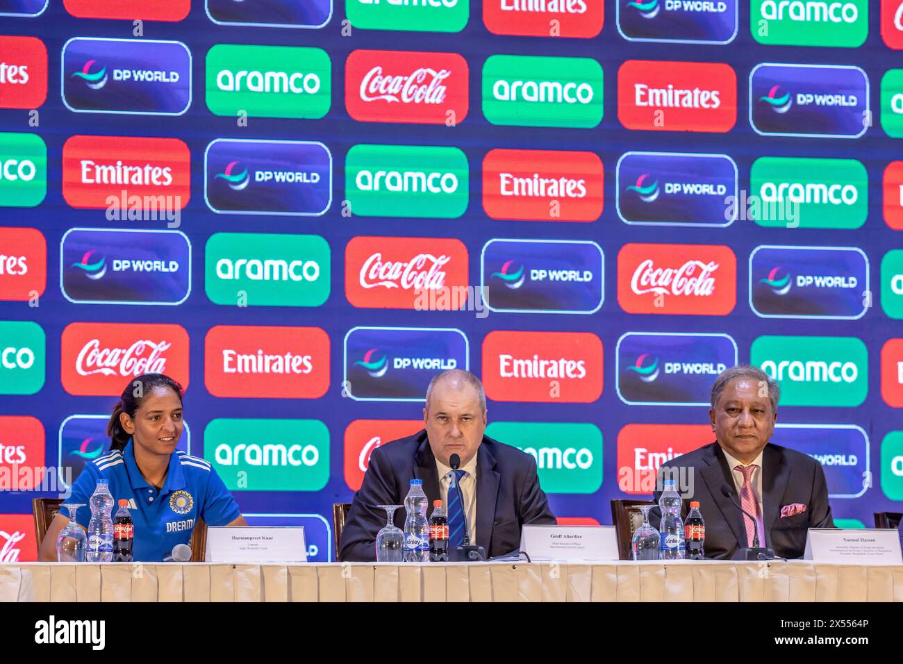 ICC CEO Geoff Allardice (C) speaks at a press conference held at the Pan Pacific Sonargaon, Dhaka. The 2024 ICC Women's T20 World Cup is scheduled to be the ninth edition of ICC Women's T20 World Cup tournament. It is scheduled to be hosted in Bangladesh from 3 to 20 October 2024. Australia are the defending champions having defeated South Africa in final of the previous edition. Stock Photo
