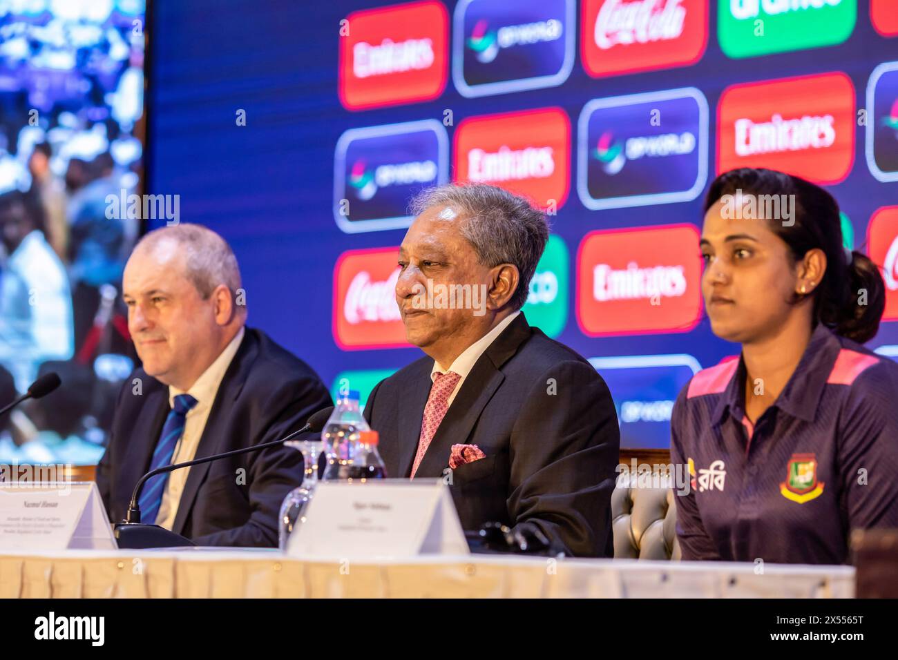 L-R ICC CEO Geoff Allardice, Minister for Youth & Sports and BCB President, Nazmul Hassan, and Women's Team Captain of Bangladesh, Nigar Sultana Joty seen during a press conference held at the Pan Pacific Sonargaon, Dhaka. The 2024 ICC Women's T20 World Cup is scheduled to be the ninth edition of ICC Women's T20 World Cup tournament. It is scheduled to be hosted in Bangladesh from 3 to 20 October 2024. Australia are the defending champions having defeated South Africa in final of the previous edition. Stock Photo