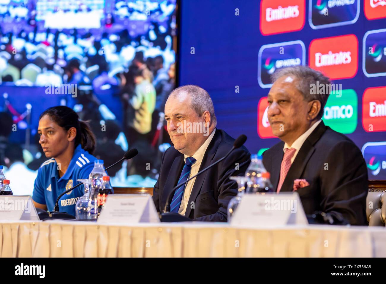 L-R Women's Team Captain of India, Harmanpreet Kaur, ICC CEO Geoff Allardice, and Minister for Youth & Sports and BCB President, Nazmul Hassan seen during a press conference held at the Pan Pacific Sonargaon, Dhaka. The 2024 ICC Women's T20 World Cup is scheduled to be the ninth edition of ICC Women's T20 World Cup tournament. It is scheduled to be hosted in Bangladesh from 3 to 20 October 2024. Australia are the defending champions having defeated South Africa in final of the previous edition. (Photo by Sazzad Hossain/SOPA Images/Sipa USA) Stock Photo