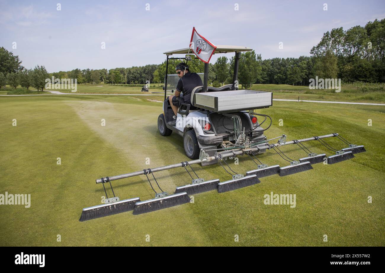 HALFWAY - greenkeeper Amsterdam Golf Club sweeps the sanded green. Tow in. The wipers are also used to remove dew. ANP/ Hollandse Hoogte/ Koen Suyk netherlands out - belgium out Stock Photo