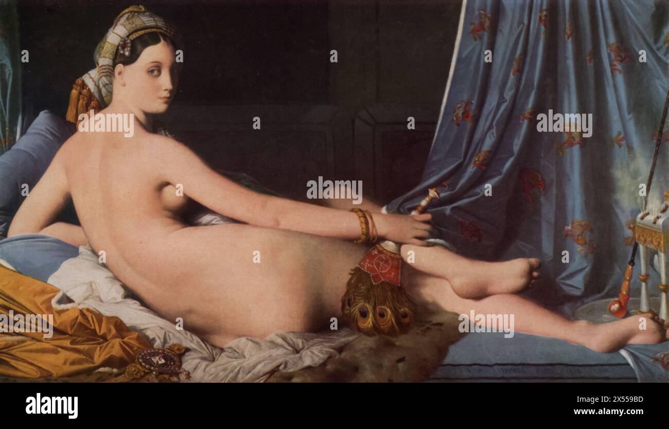 Odalisque' by Jean-Auguste-Dominique Ingres, painted in 1814, housed at the Louvre Museum, Paris, France. This painting depicts an odalisque, a female slave or concubine in a harem, characterized by Ingres' distinctive style that blends Neoclassical precision with Romantic sensuality. Stock Photo