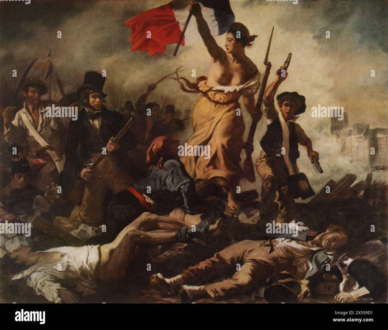 Liberty Leading the People' by Eugène Delacroix, painted in 1830, housed at the Louvre Museum, Paris, France. This iconic painting commemorates the July Revolution of 1830 in France. It features the allegorical figure of Liberty personified as a woman leading a charge against the oppressive forces, symbolizing the fight for freedom. Stock Photo