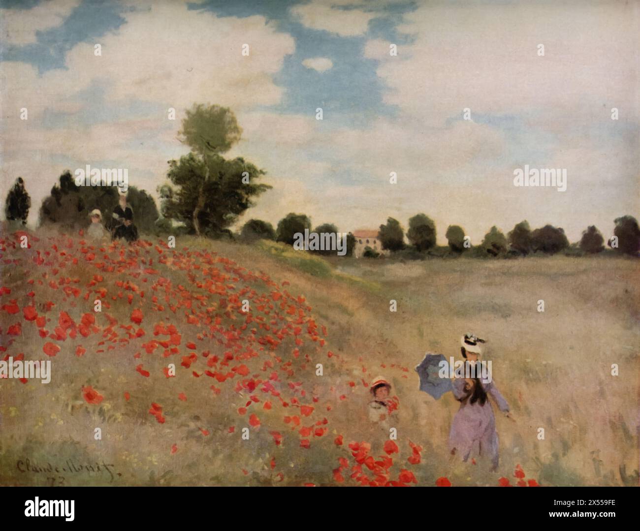 Field of Poppies' by Claude Monet, painted in 1873, Housed at the Musée d'Orsay in Paris, France. This painting is a example of Monet's early Impressionist work, depicting a bright, colorful field of poppies with figures strolling through it. This work is celebrated for its dynamic, open composition and the way Monet conveys the luminosity and movement of the natural landscape. Stock Photo