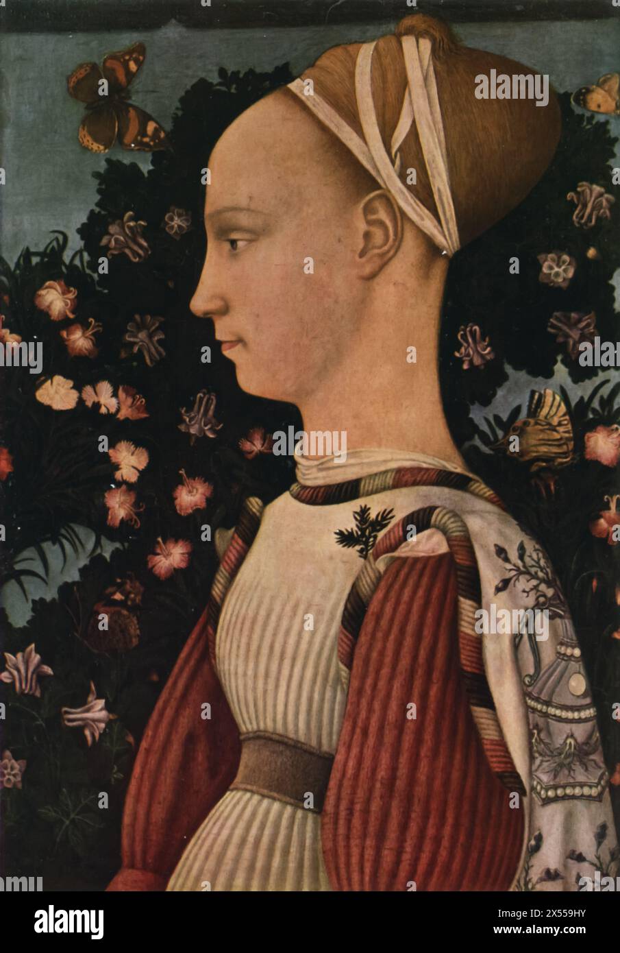 A Princess of the Este Family' by Pisanello, 1440, located at the Louvre Museum, Paris, France. This portrait features a member of the Este family, prominent patrons of the arts during the Italian Renaissance. Pisanello's skill captures the elegance and refined attire in 15th-century society. Stock Photo