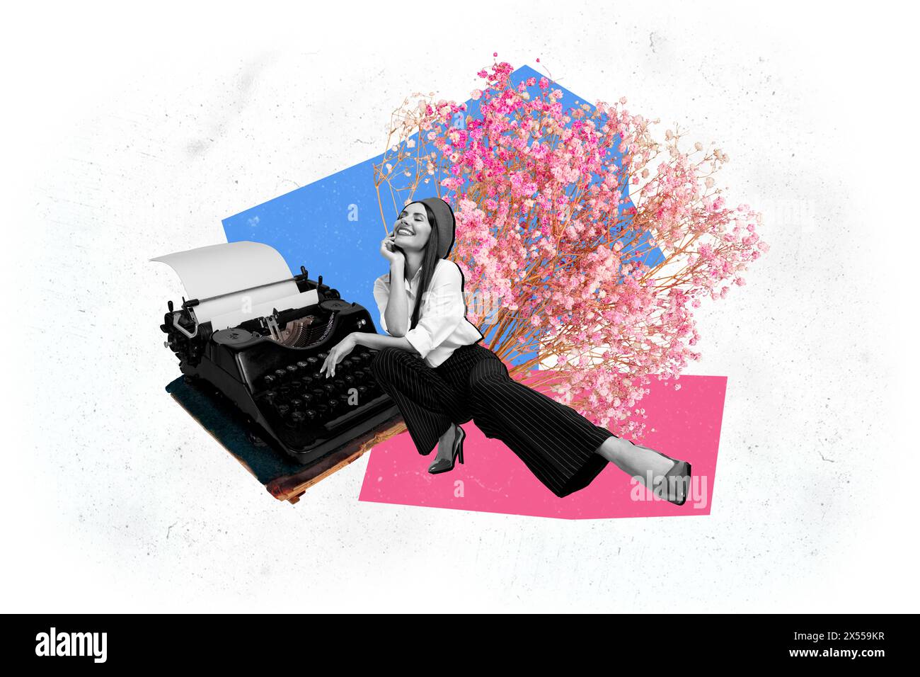 Composite sketch image photo collage of spring season flower bouquet black white silhouette young lady sit huge retro typewriter machine Stock Photo