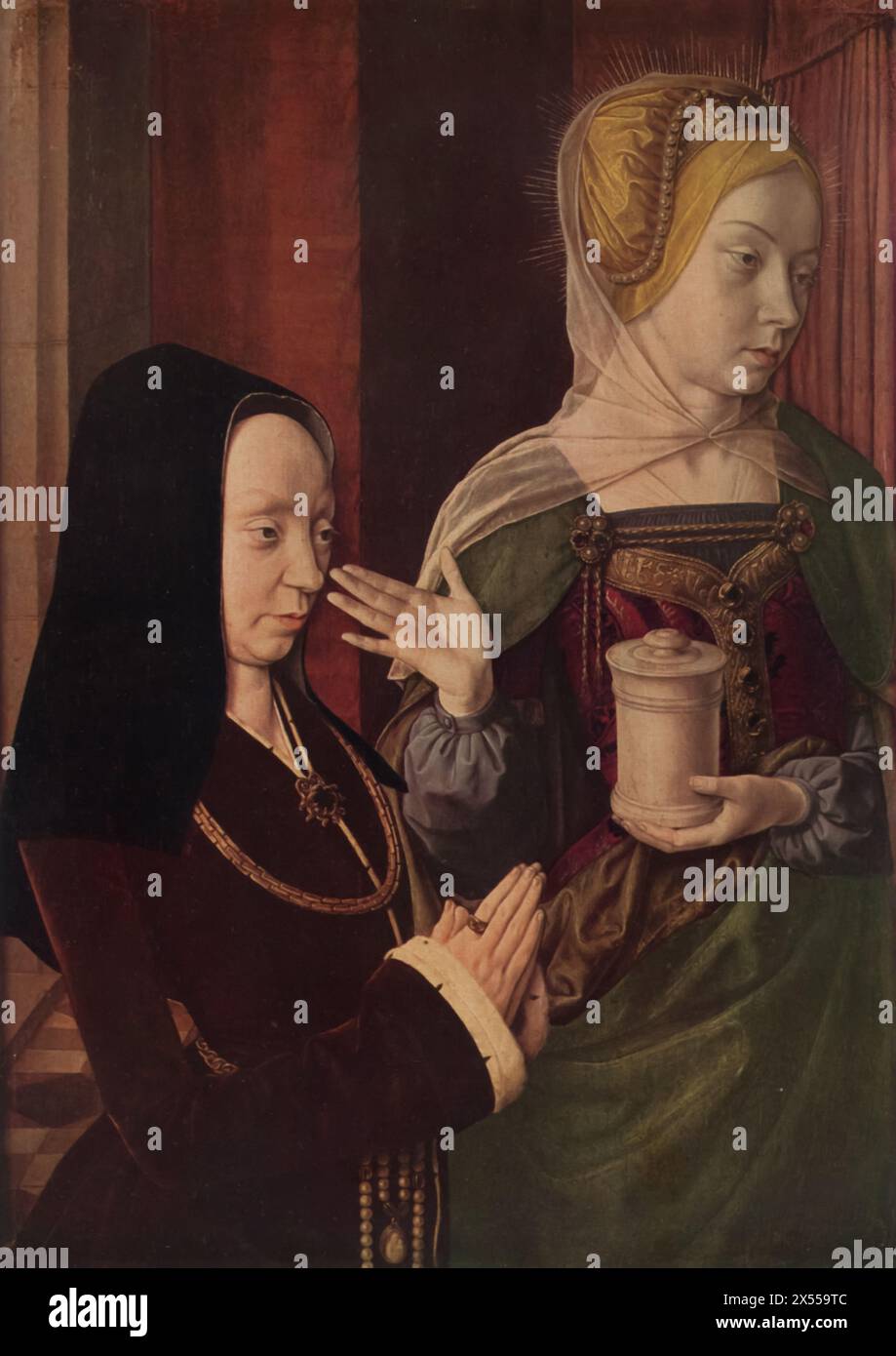 Saint Mary Magdalen and a Donor' by the Master of Moulins, dated 1495, housed at the Louvre Museum, Paris, France. This painting portrays Saint Mary Magdalen, known for her penitent life and role as a follower of Jesus, alongside a wealthy patron. This work showcases the fusion of religious devotion and patronage in late 15th-century art. Stock Photo