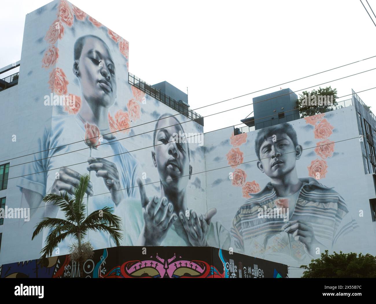 Famous Colorful Murals On The Street Walls Of Wynwood Neighborhood. Exploring The Art Culture In Miami, Florida. Stock Photo