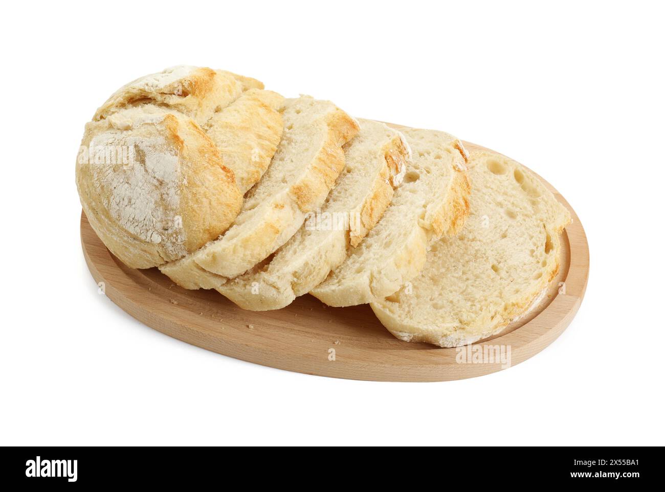 Freshly baked cut sourdough bread isolated on white Stock Photo
