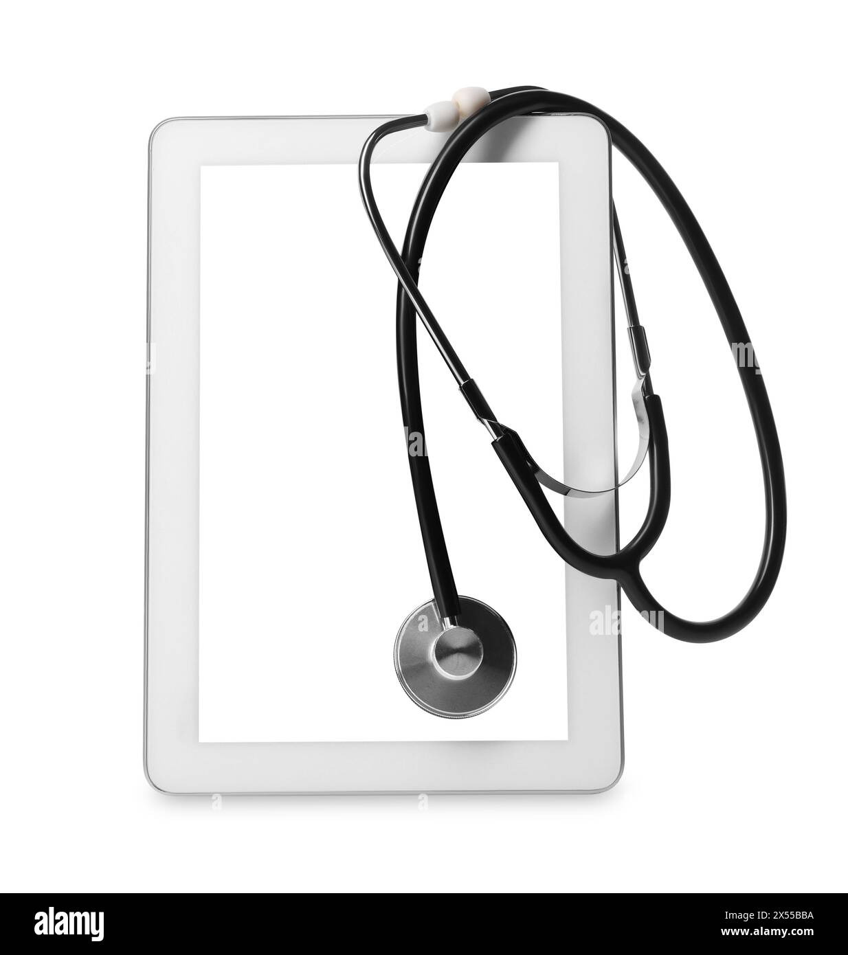 Modern tablet and stethoscope on white background Stock Photo - Alamy