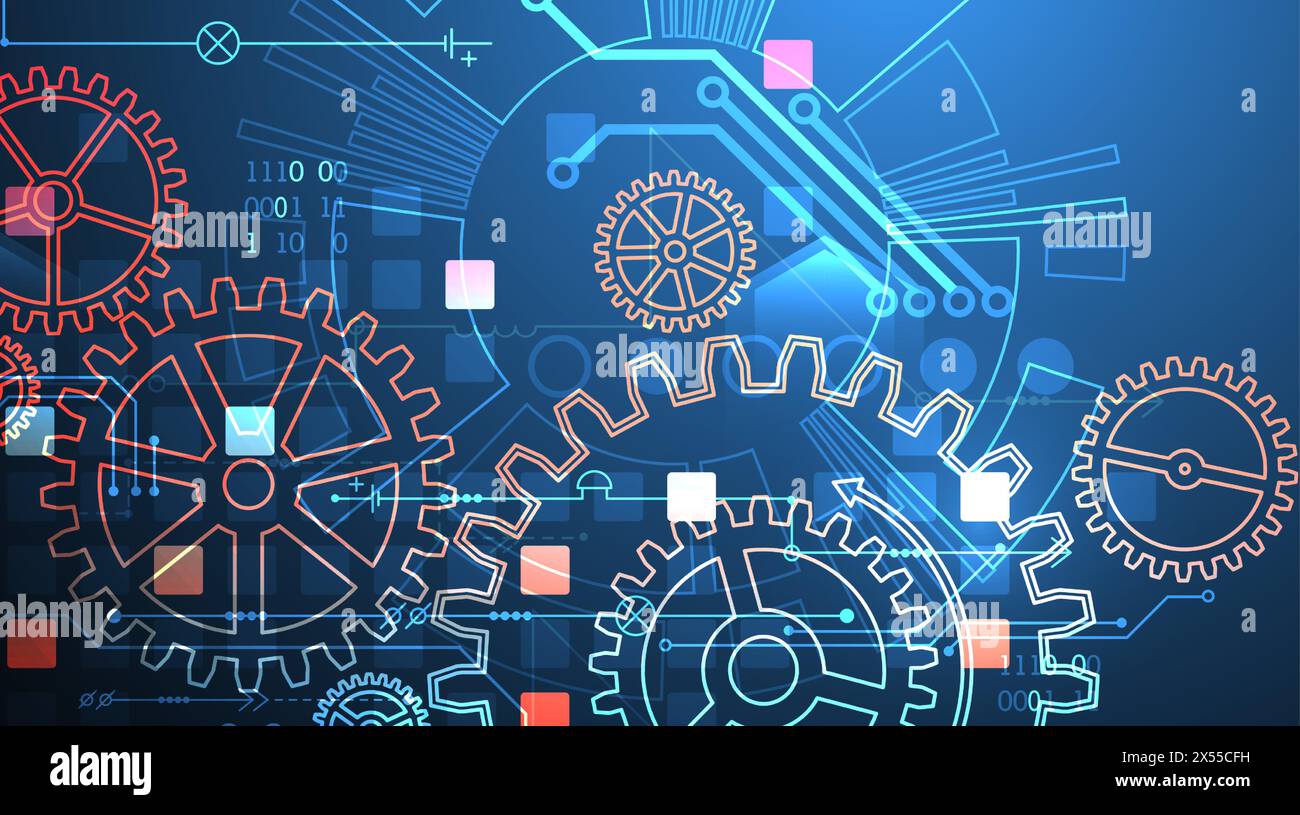 Gear wheel technology pattern on gradient background. Hand drawn vector ...