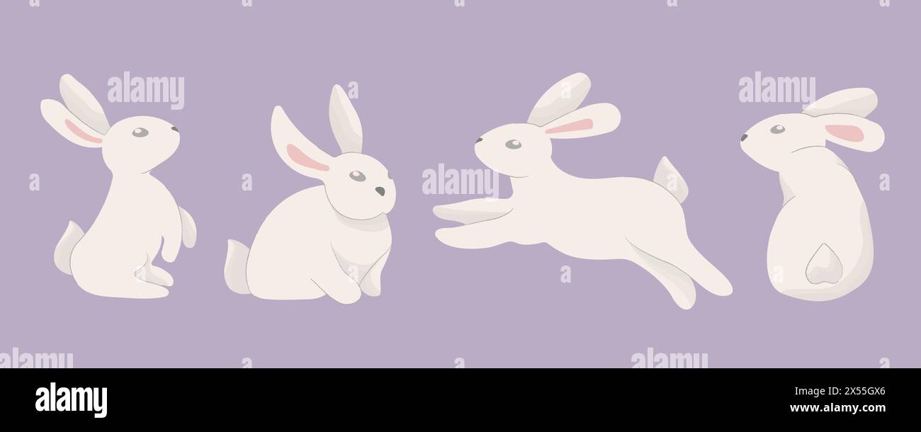 Easter bunny trendy set. Collection of cute white rabbits or hares ...
