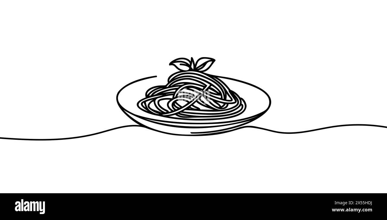 One continuous line drawing of fresh delicious Italian spaghetti pasta restaurant logo emblem. Italy fast food noodle shop logotype template concept Stock Vector