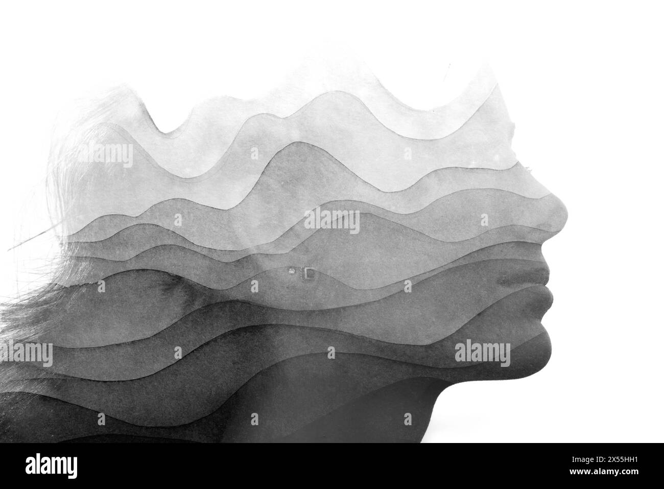 A woman's profile disappearing into a wavy gradient pattern in ...