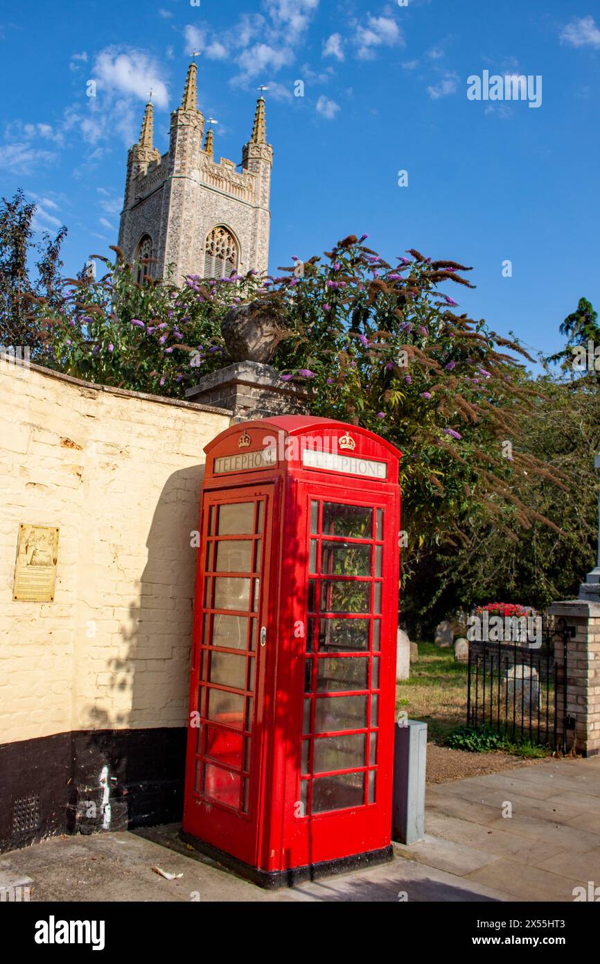 Red Phone Box by St Mary's Church, Bungay Stock Photo