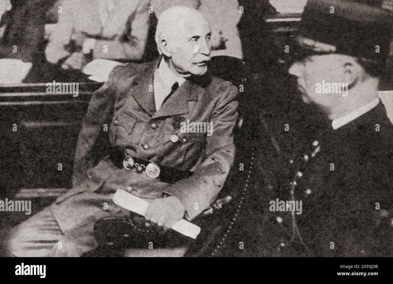 Philippe Petain in court on trial for treason, 23 July, 1945. Henri Philippe Benoni Omer Pétain, 1856 – 1951, aka Philippe Pétain or Marshal Pétain. General commander of the French Army in World War I and head of the collaborationist regime of Vichy France, from 1940 to 1944. From The War in Pictures, Sixth Year. Stock Photo