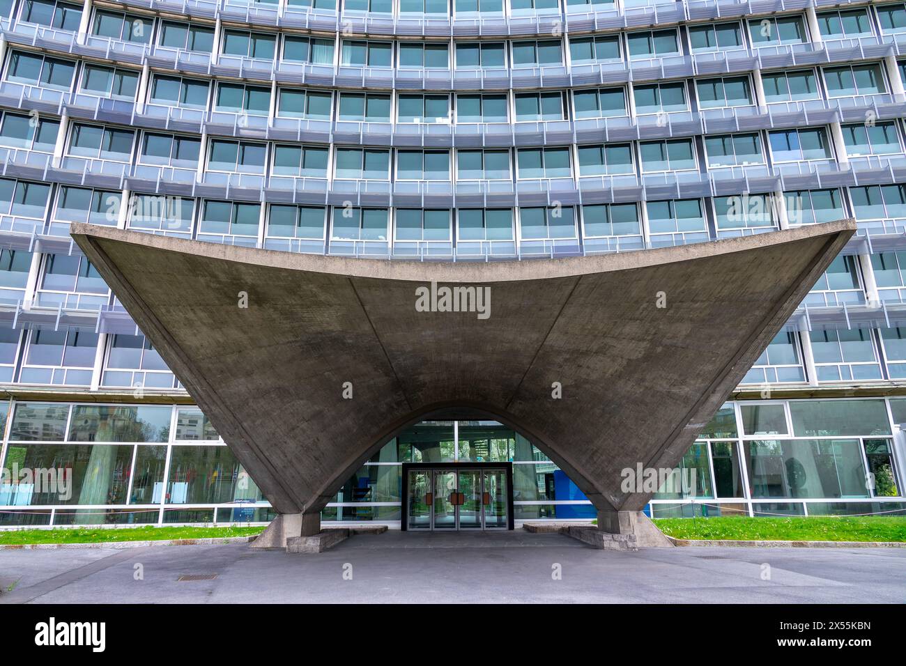 Modern concrete architecture at UNESCO headquarters building (or Maison de l'Unesco) in Paris, France Stock Photo