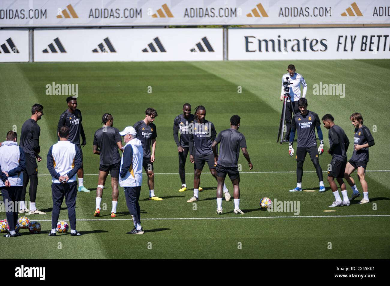 Valdebebas, Madrid, Spain. 07th May, 2024. MADRID, SPAIN - MAY 7: Real Madrid players (from L to R) Aurelien Tchouameni, Brahim Diaz, Ferland Mendy, Eduardo Camavinga, Luka Modric warms up during Real Madrid Training Session and Press Conference ahead of their UEFA Champions League semi-final second leg match against FC Bayern Munchen at Ciudad Real Madrid on May 7, 2024 in Valdebebas, Spain. Credit: Independent Photo Agency/Alamy Live News Stock Photo