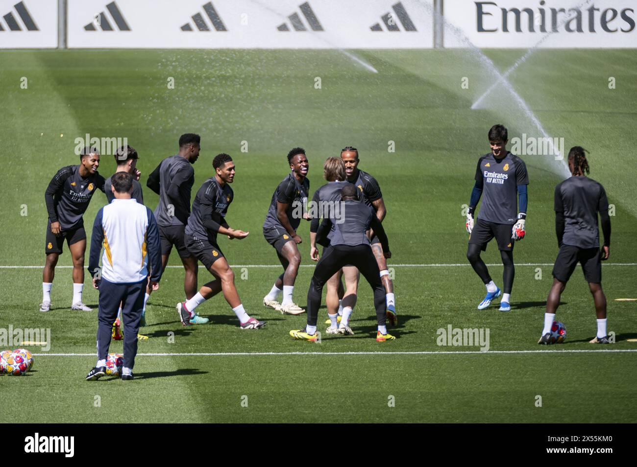 Valdebebas, Madrid, Spain. 07th May, 2024. MADRID, SPAIN - MAY 7: Real Madrid players (from L to R) Jude Bellingham, Vinicius Junior, Rodrygo Silva de Goes, Luka Modric warms up during Real Madrid Training Session and Press Conference ahead of their UEFA Champions League semi-final second leg match against FC Bayern Munchen at Ciudad Real Madrid on May 7, 2024 in Valdebebas, Spain. Credit: Independent Photo Agency/Alamy Live News Stock Photo