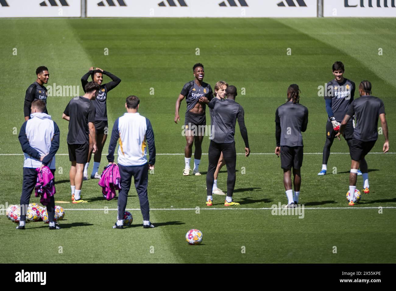 Valdebebas, Madrid, Spain. 07th May, 2024. MADRID, SPAIN - MAY 7: Real Madrid players (from L to R) Jude Bellingham, Vinicius Junior, Eduardo Camavinga warms up during Real Madrid Training Session and Press Conference ahead of their UEFA Champions League semi-final second leg match against FC Bayern Munchen at Ciudad Real Madrid on May 7, 2024 in Valdebebas, Spain. Credit: Independent Photo Agency/Alamy Live News Stock Photo