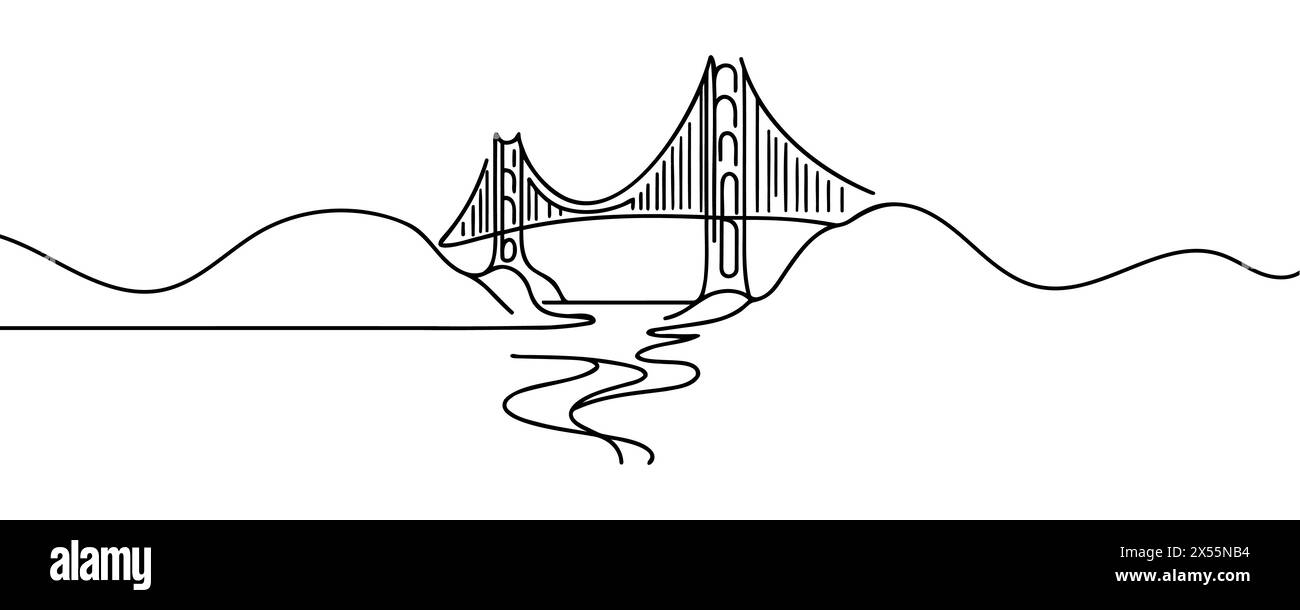 Giant bridge over river. Continuous one line drawing design. Simple modern minimaistic style vector illustration Stock Vector