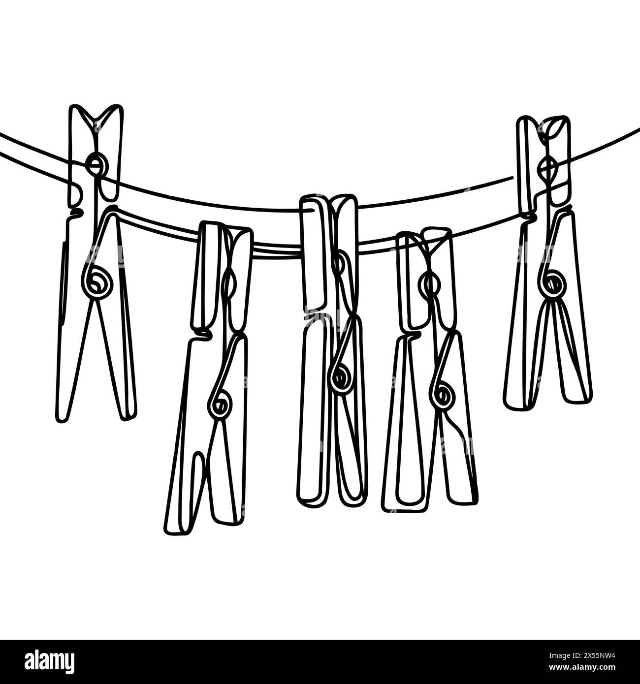 clothespins hanging on a rope drawn as a continuous line Stock Vector