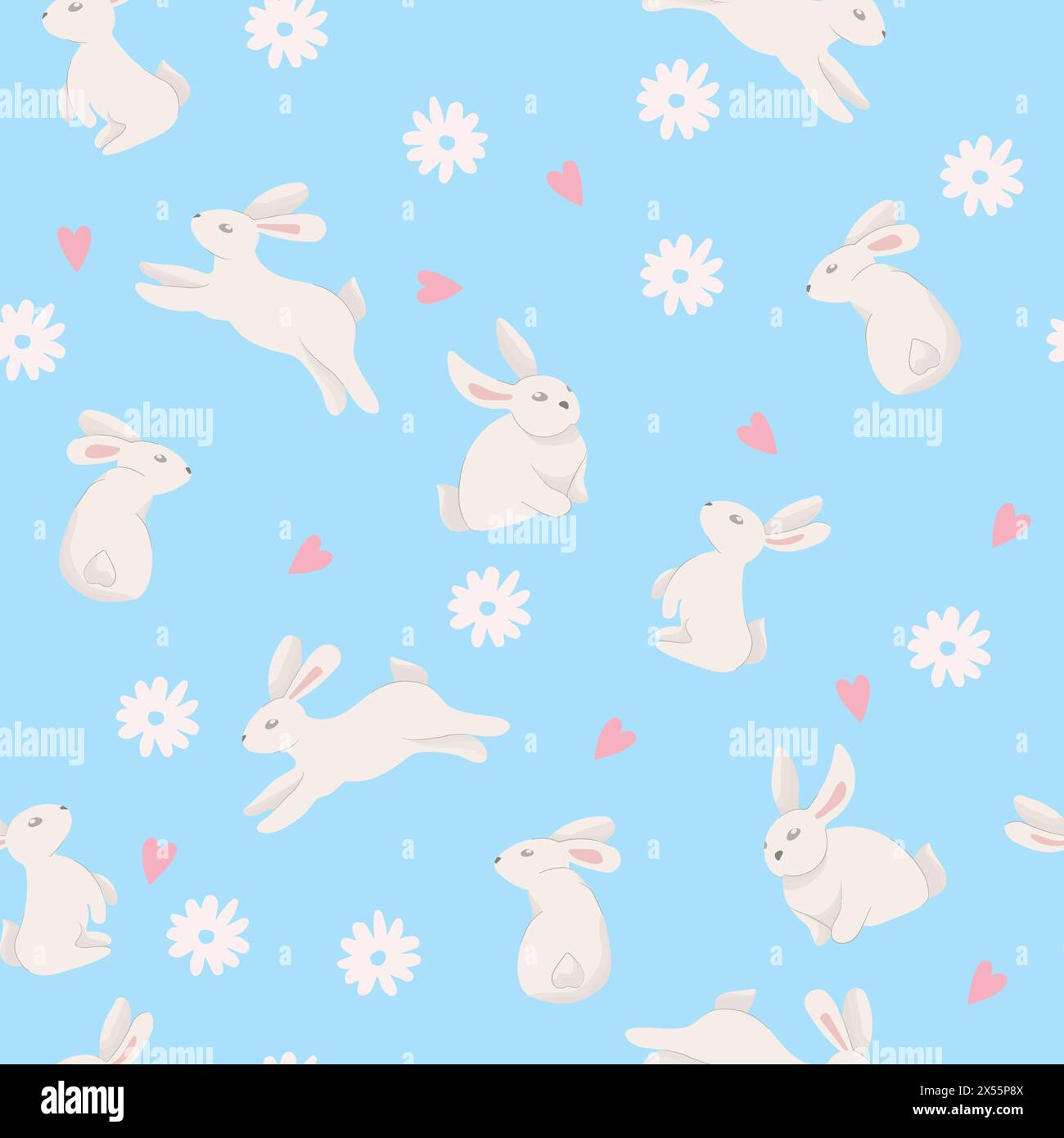 Easter seamless pattern with rabbits, daisy flower and hearts. Vector ...