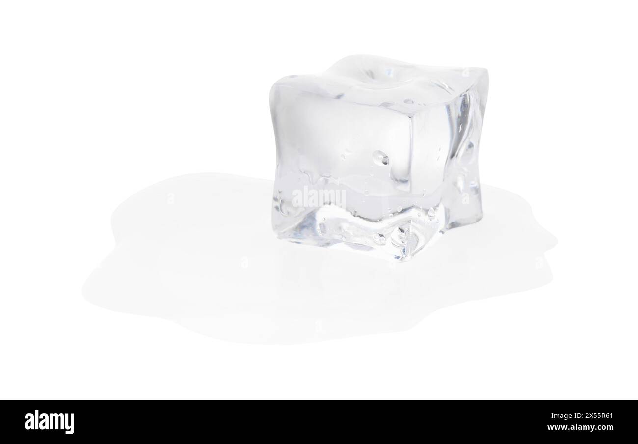 One melting crystal clear ice cube isolated on white Stock Photo - Alamy