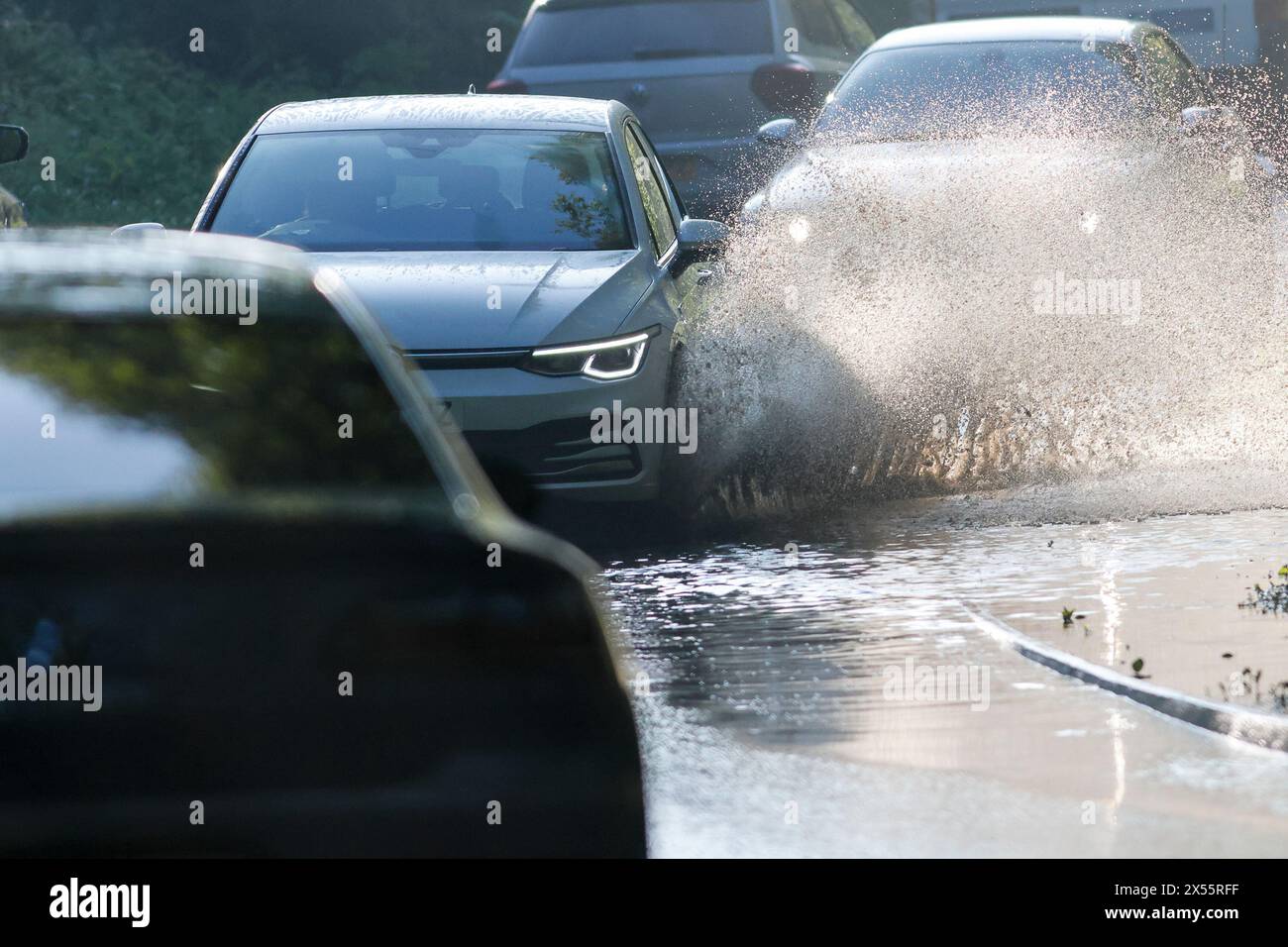 Salt Box Lane, Worplesdon. 07th May 2024. Residual surface flooding