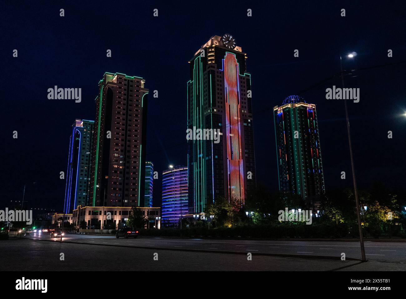 The Grozny City skyscrapers and the street light in the downtown of ...