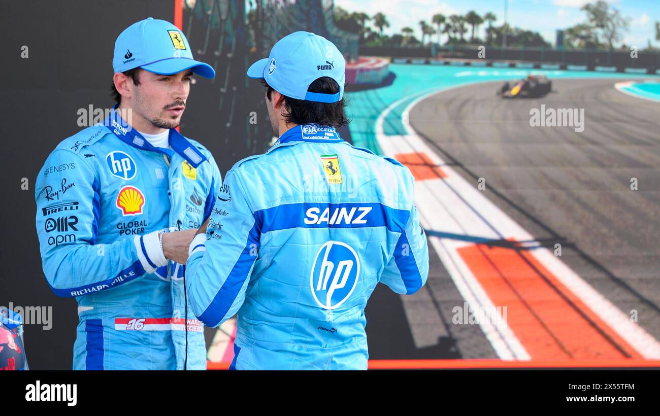 4th May 2024; Miami International Autodrome, Miami, Florida, USA; Formula 1 Crypto.com Miami Grand Prix 2024; Qualifying Day; Scuderia Ferrari driver Charles Leclerc of Monaco and Scuderia Ferrari driver Carlos Sainz Jr. of Spain  talk after finishing second and third in the qualifying session. Stock Photo