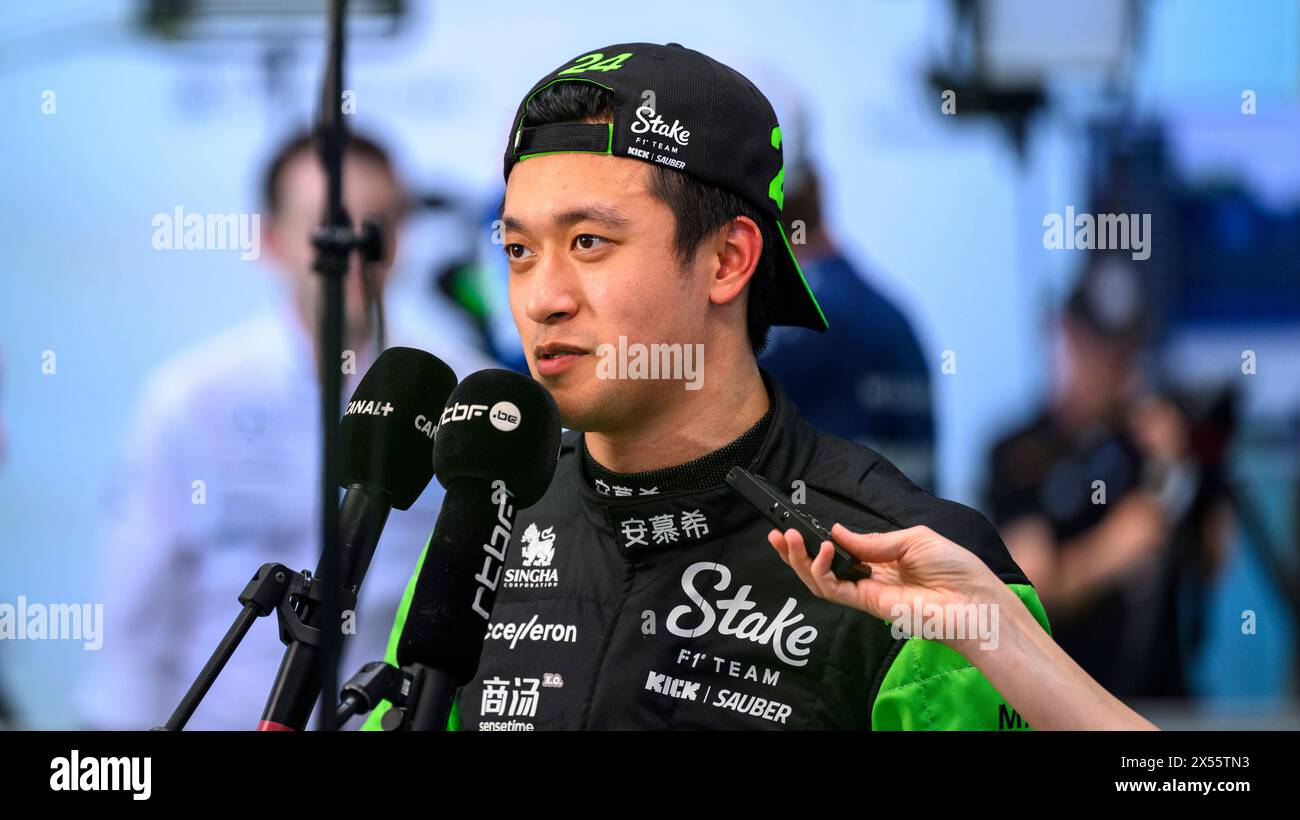4th May 2024; Miami International Autodrome, Miami, Florida, USA; Formula 1 Crypto.com Miami Grand Prix 2024; Qualifying Day; Stake F1 Team Kick Sauber driver Zhou Guanyu of China talks to the media in the paddock after the Q1 qualifying session. Stock Photo