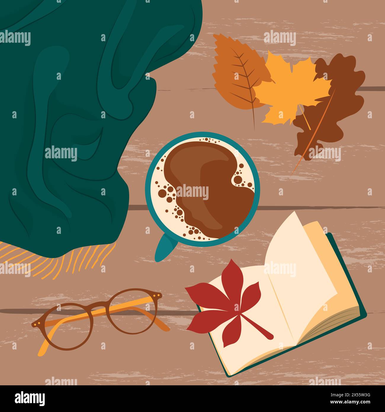 Green blanket, leaves, book, glasses and coffee on wood table. Picture in autumn style for poster, card or flyer. Hand drawn vector illustration. Stock Vector